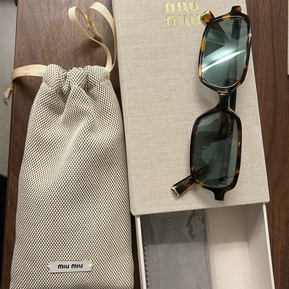 Miu Miu Tortoiseshell Rectangular Sunglasses with Green Lenses - Picture 2 of 7